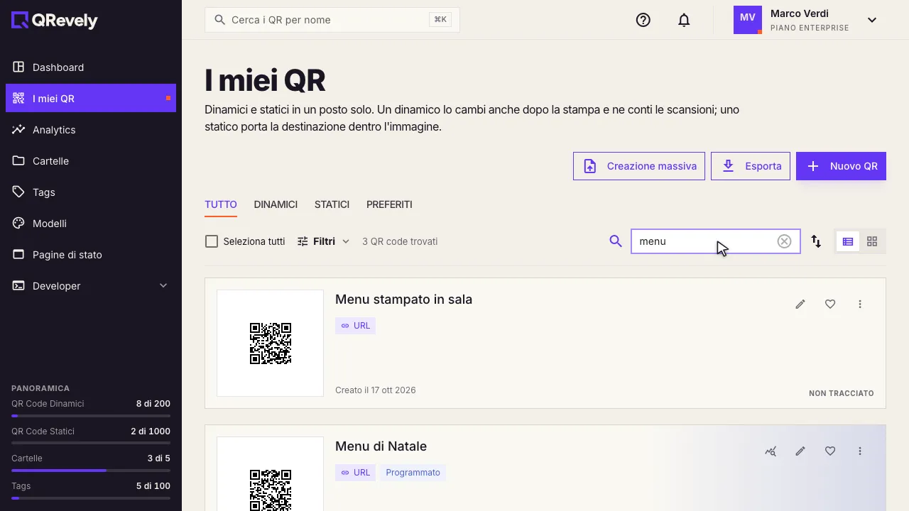 La ricerca «menu» e il numero dei QR trovati