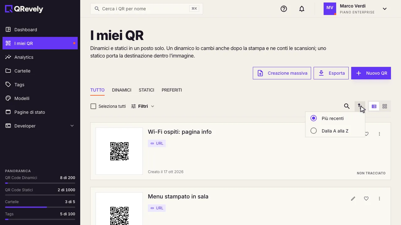 Il menu dell’ordinamento