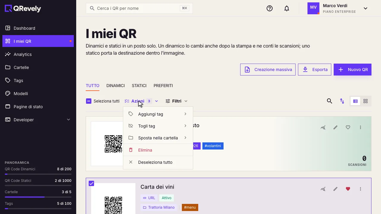 Il menu Azioni con tre QR selezionati