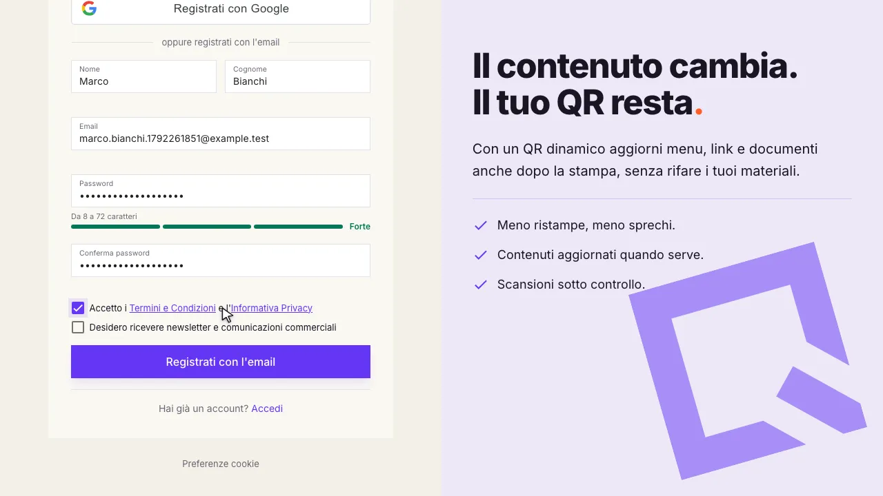 Il modulo compilato, con la password valutata «forte» e la casella dei termini spuntata