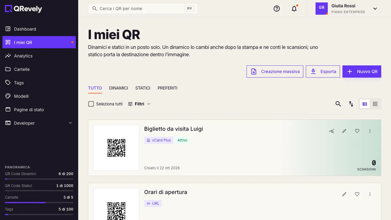 L’elenco «I miei QR», con il pulsante «Nuovo QR» in alto a destra