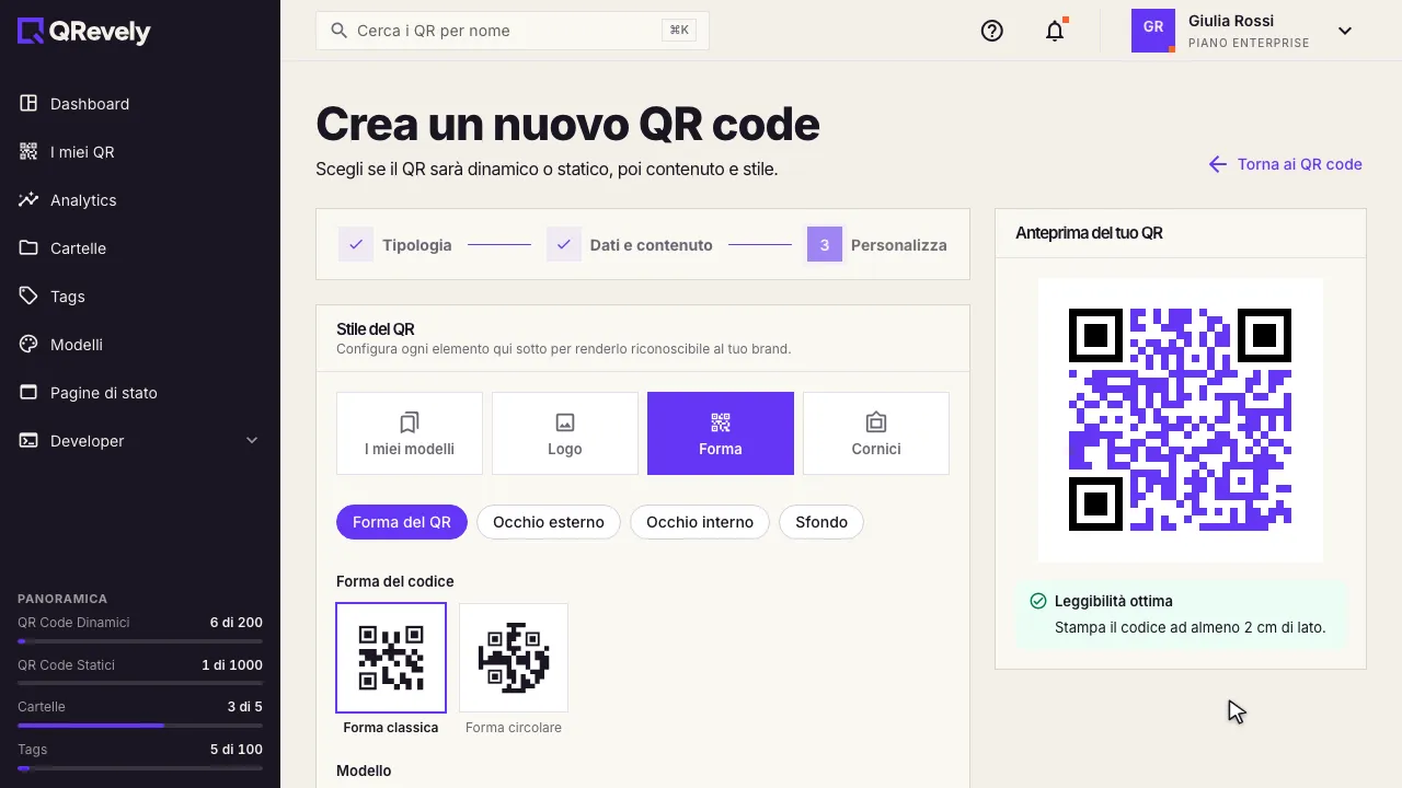 Il terzo passo: le quattro sezioni dello stile, con «Forma» aperta e i moduli viola nell’anteprima