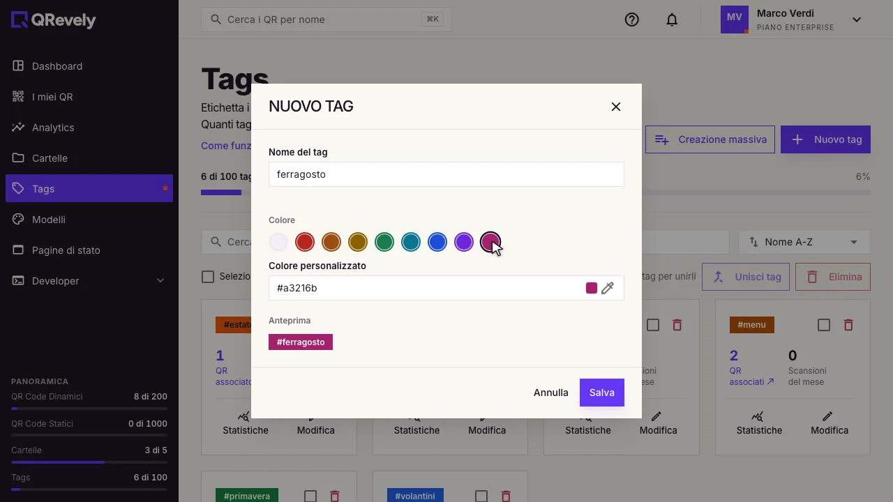 La finestra «Nuovo tag» con nome e colore