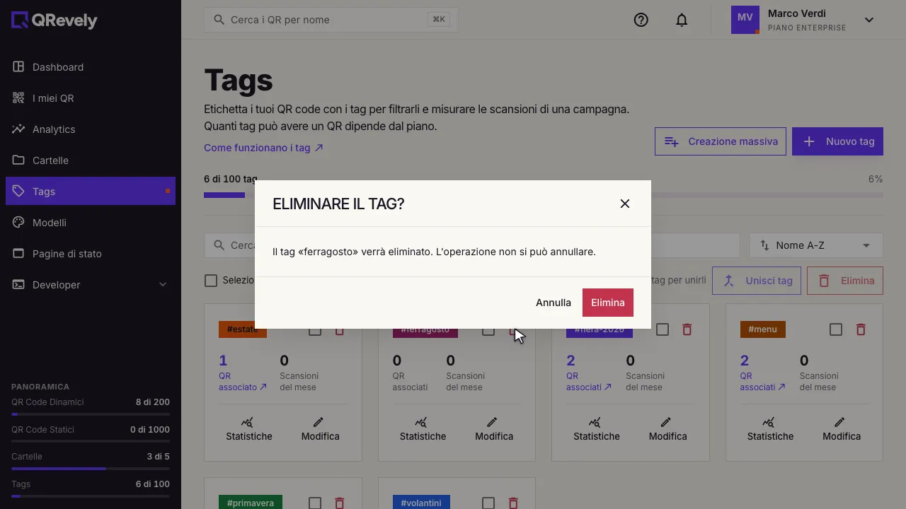 La conferma prima di eliminare il tag