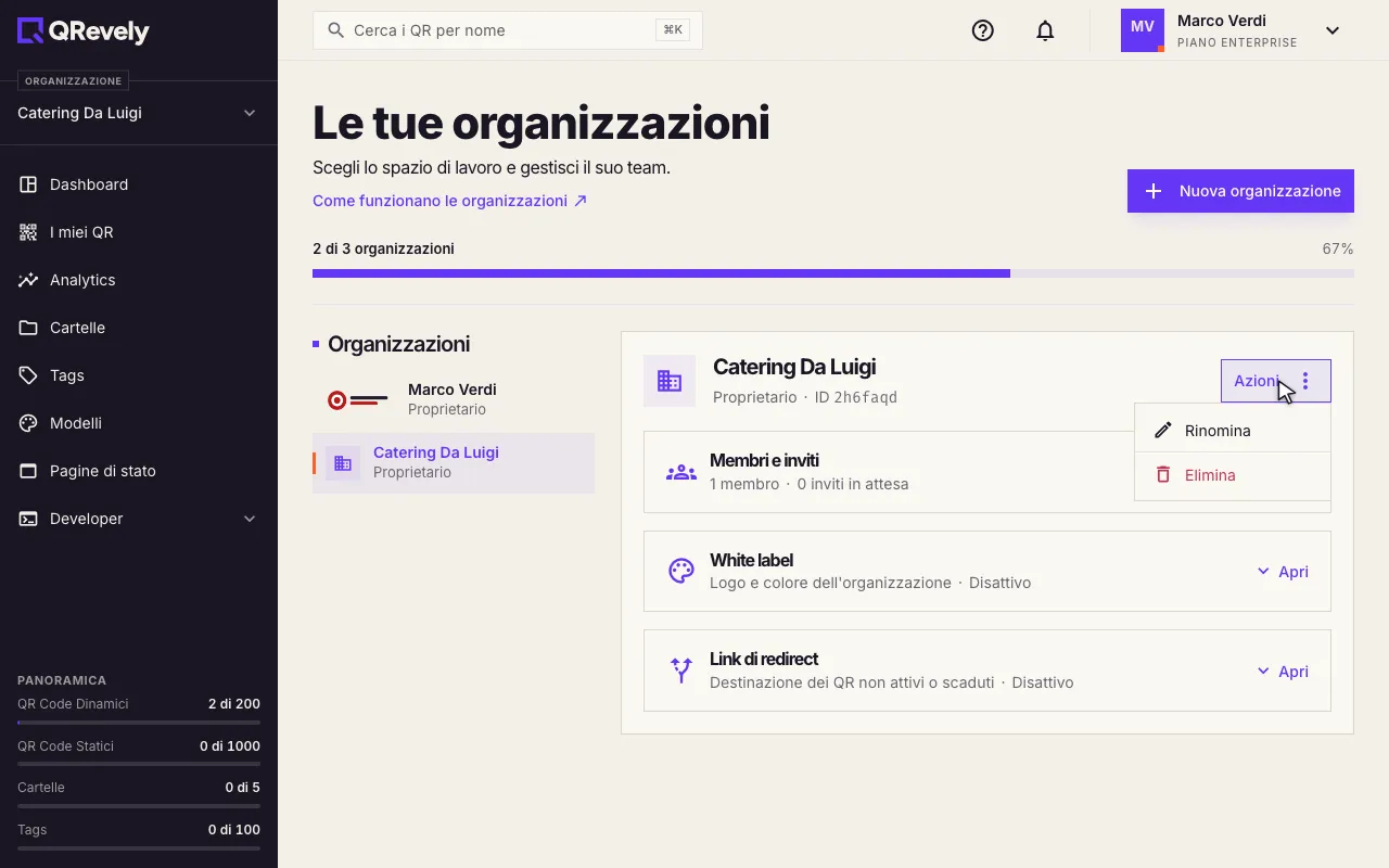 Il menu Azioni della scheda: Rinomina ed Elimina