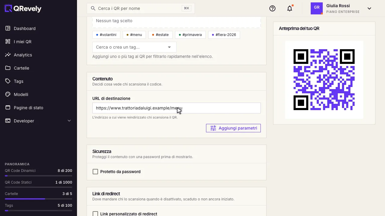 Il campo «URL di destinazione» con l’indirizzo attuale