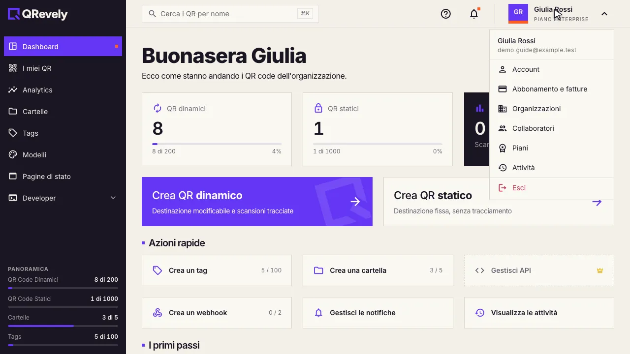 Il menu dell’account aperto dal nome in alto a destra