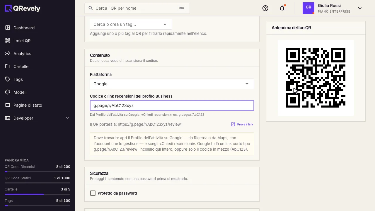 Il modulo Recensioni con la piattaforma Google e il link da incollare