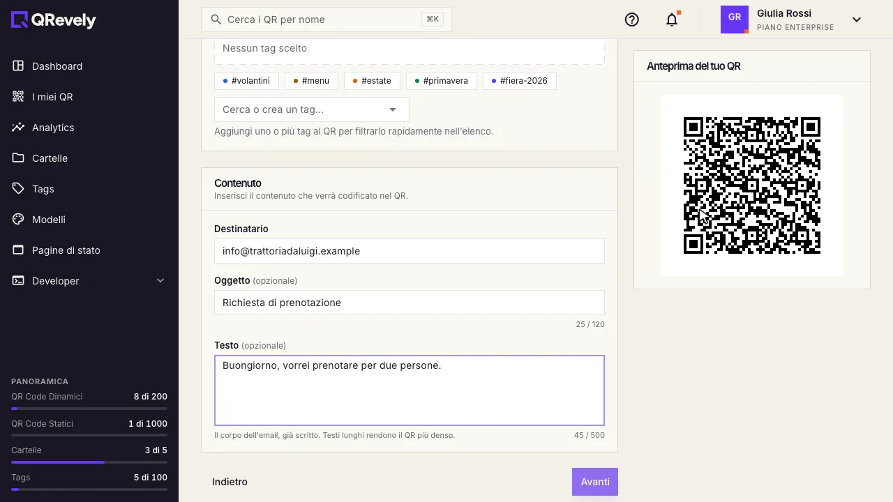 Il modulo del tipo Email con destinatario, oggetto e testo