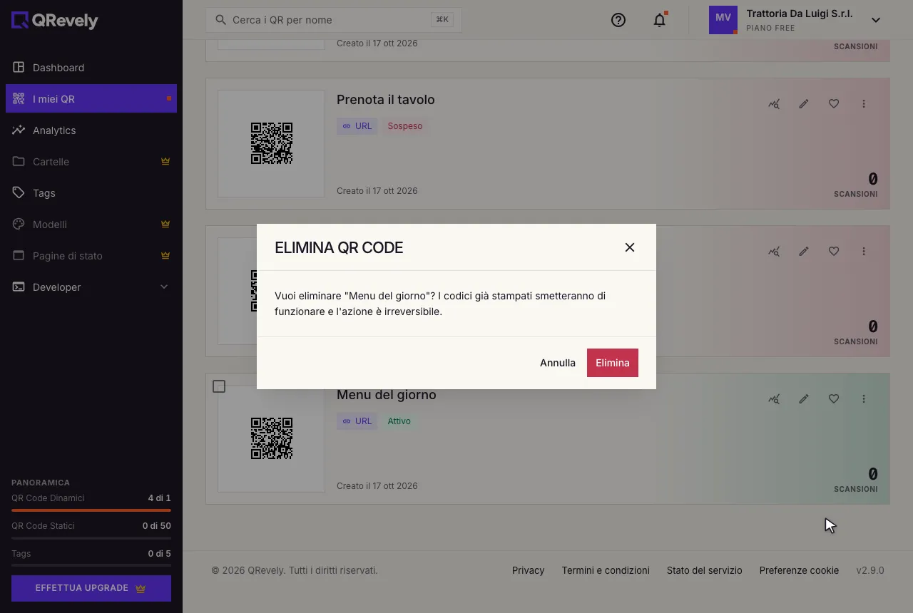 Eliminare il QR attivo per fare posto