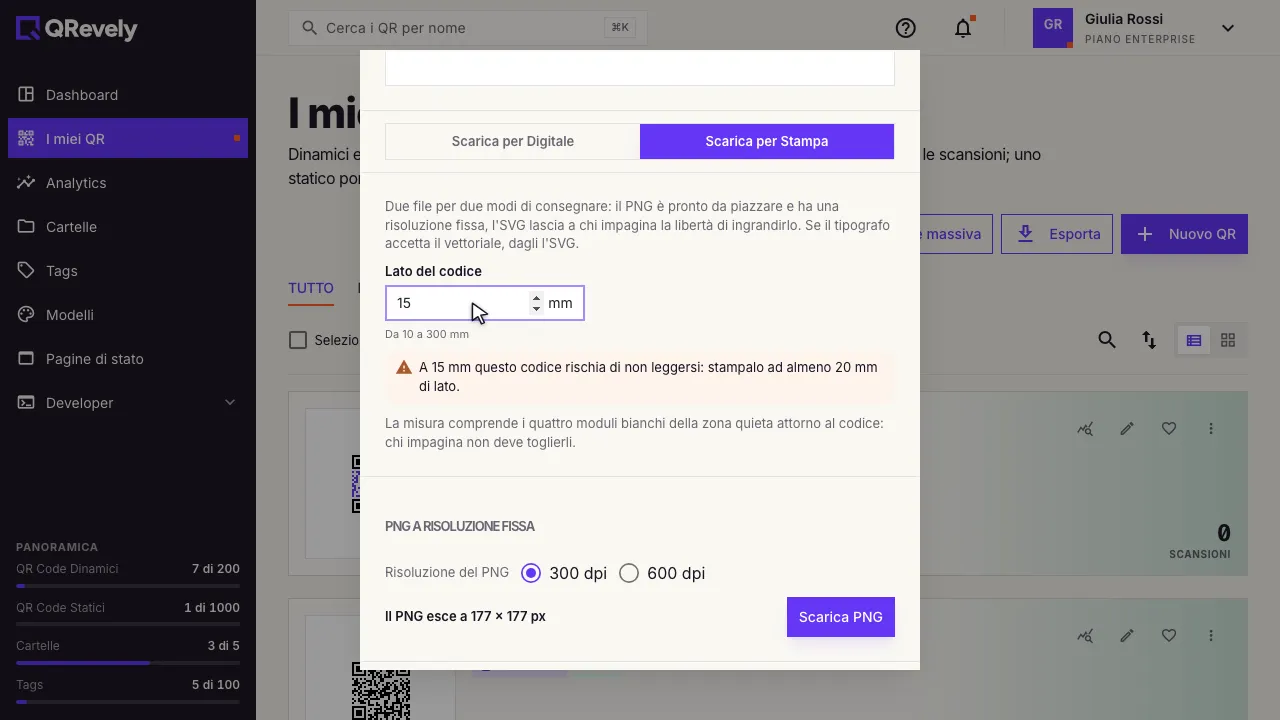 Con un lato di 15 mm la finestra avvisa che il codice rischia di non leggersi e dice la misura minima
