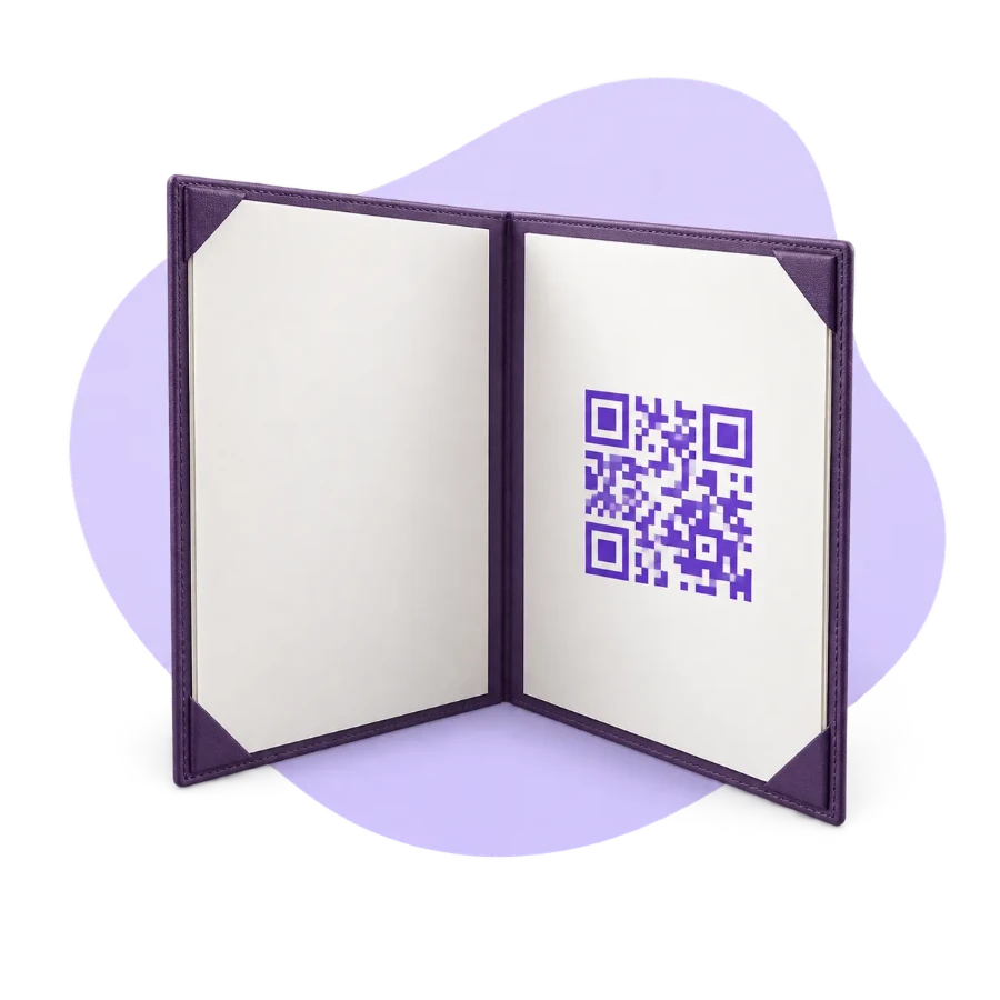 Menù rigido aperto in piedi con QR Code stampato sulla pagina
