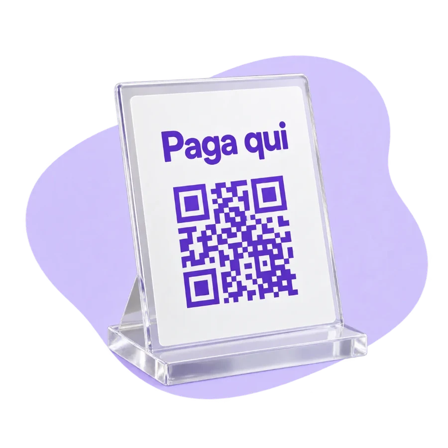 Cavalierino da banco in acrilico con QR Code e la scritta Paga qui