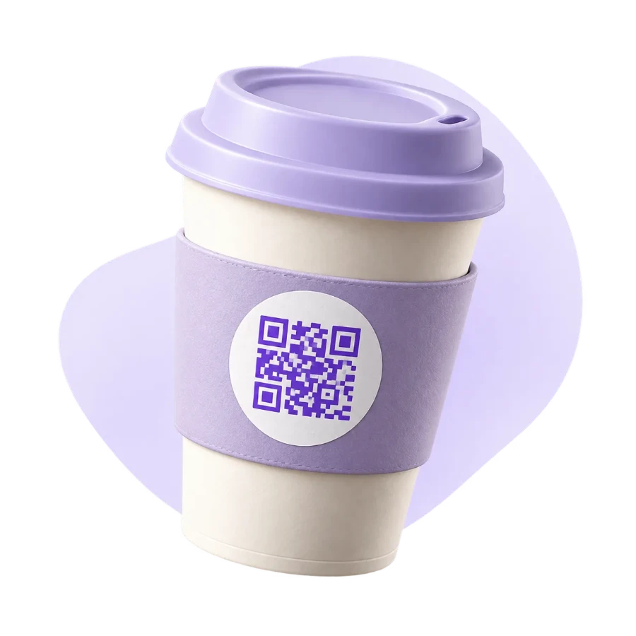 Bicchiere da asporto con adesivo circolare e QR Code sulla fascia