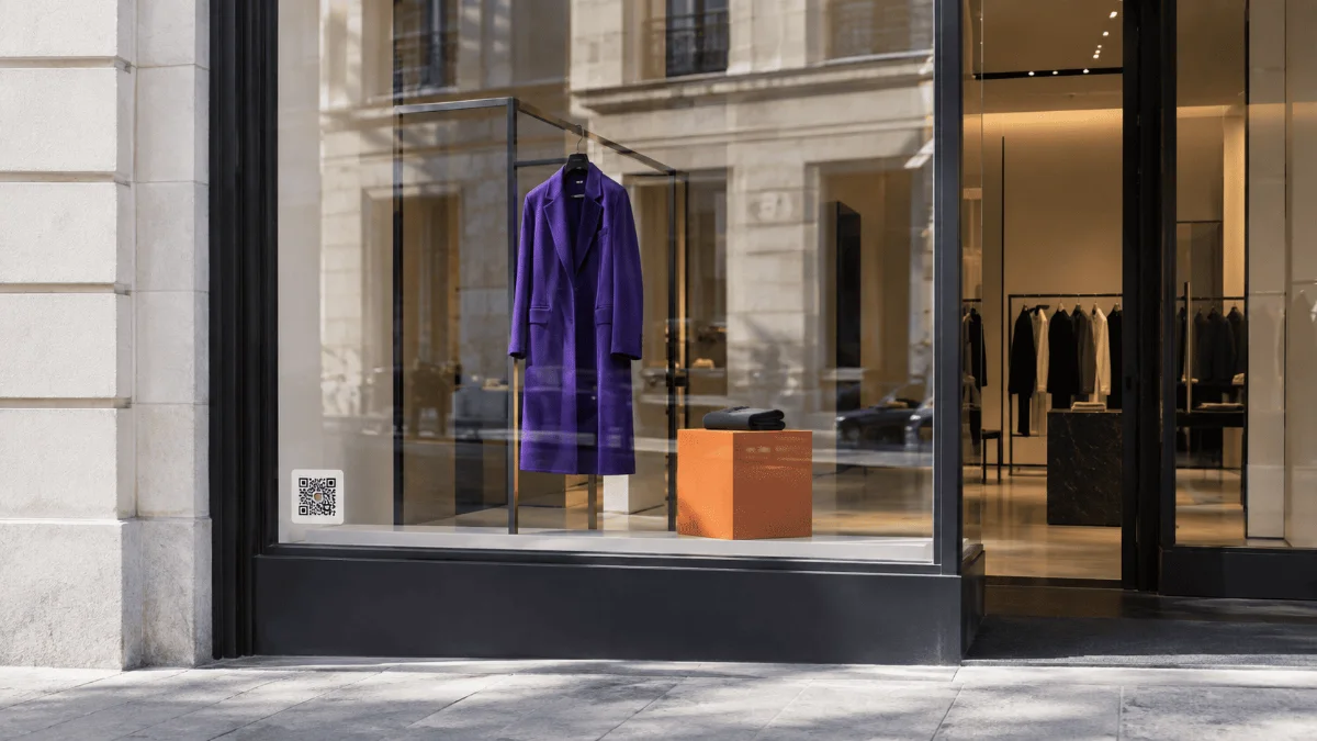 Adesivo con QR Code sulla vetrina di un negozio di abbigliamento