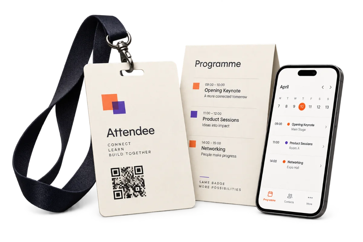 Badge con QR Code, programma dell’evento e telefono che mostra il calendario delle sessioni