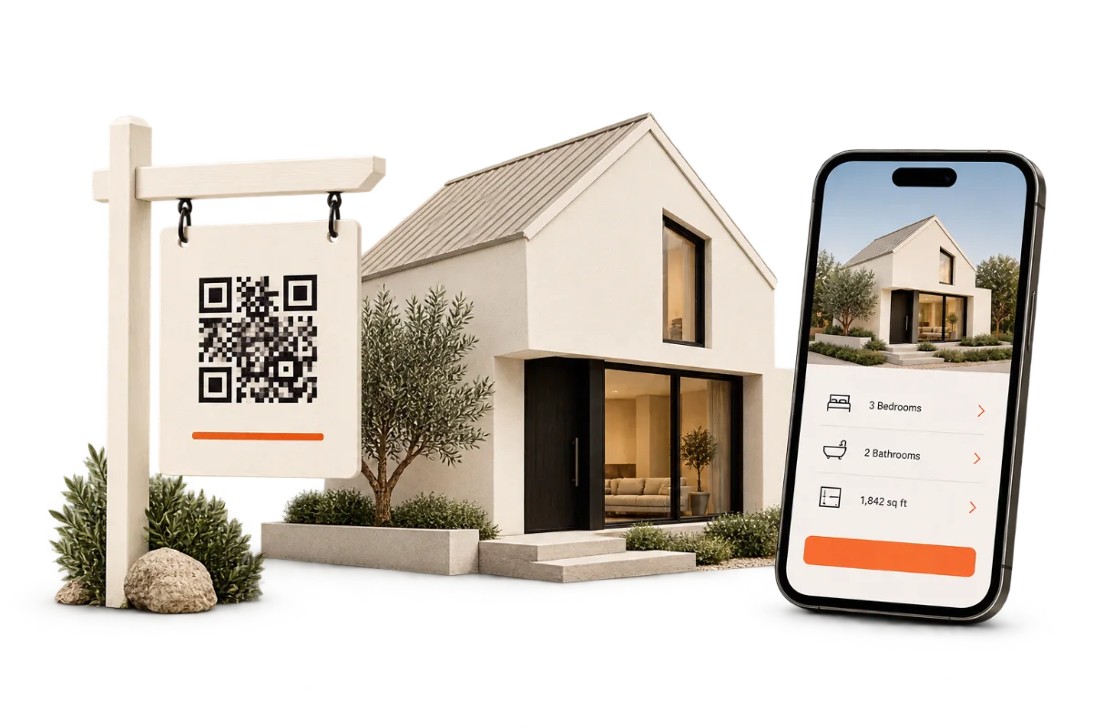 Cartello vendesi con QR Code davanti a una casa e telefono che mostra la scheda dell’immobile