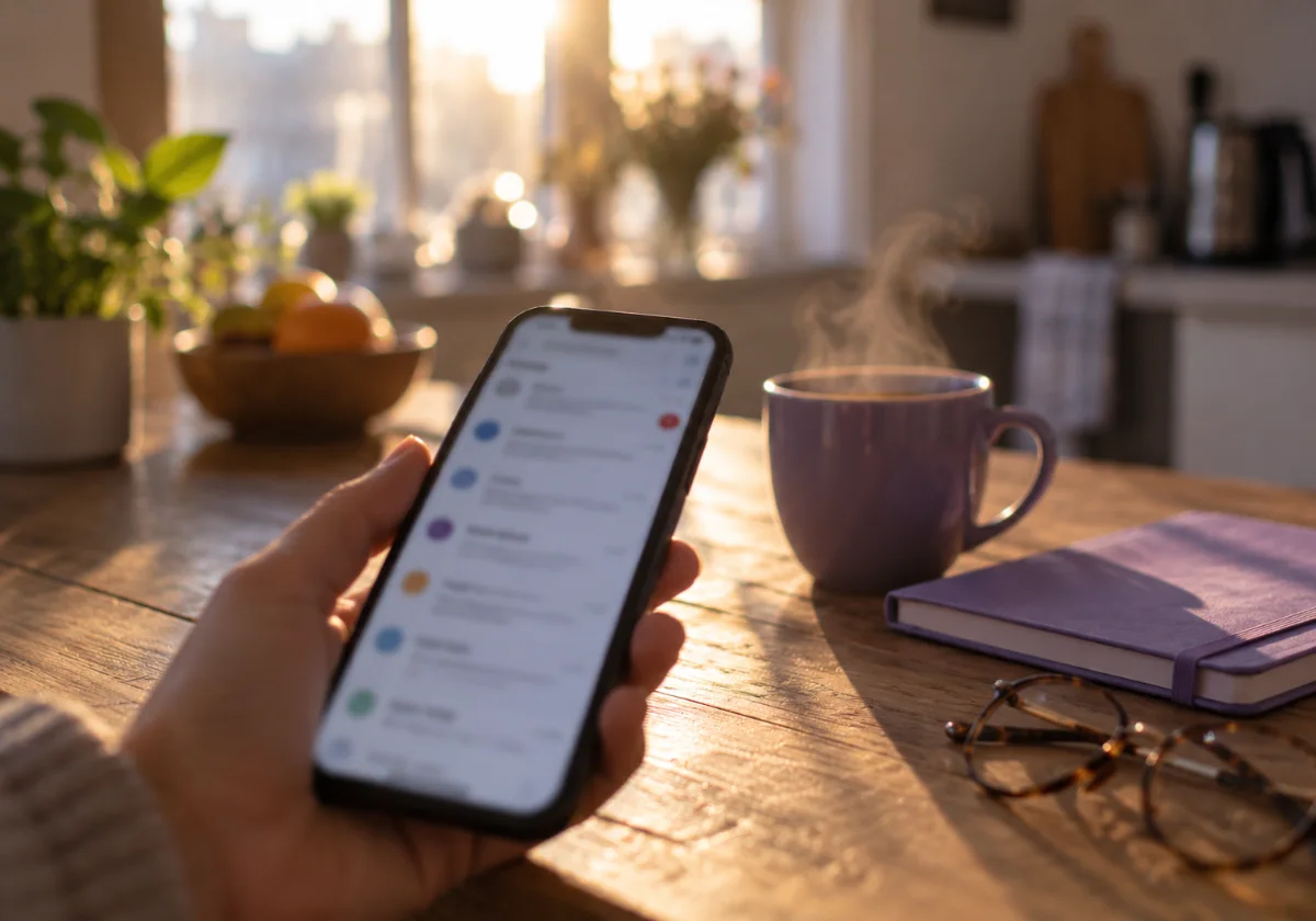 Smartphone con un riepilogo di notifiche accanto a una tazza fumante