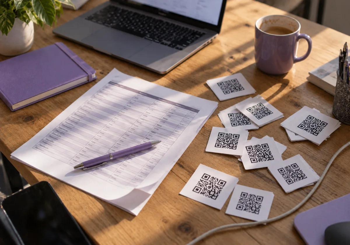 Elenco stampato e ritagli di QR Code su una scrivania con portatile