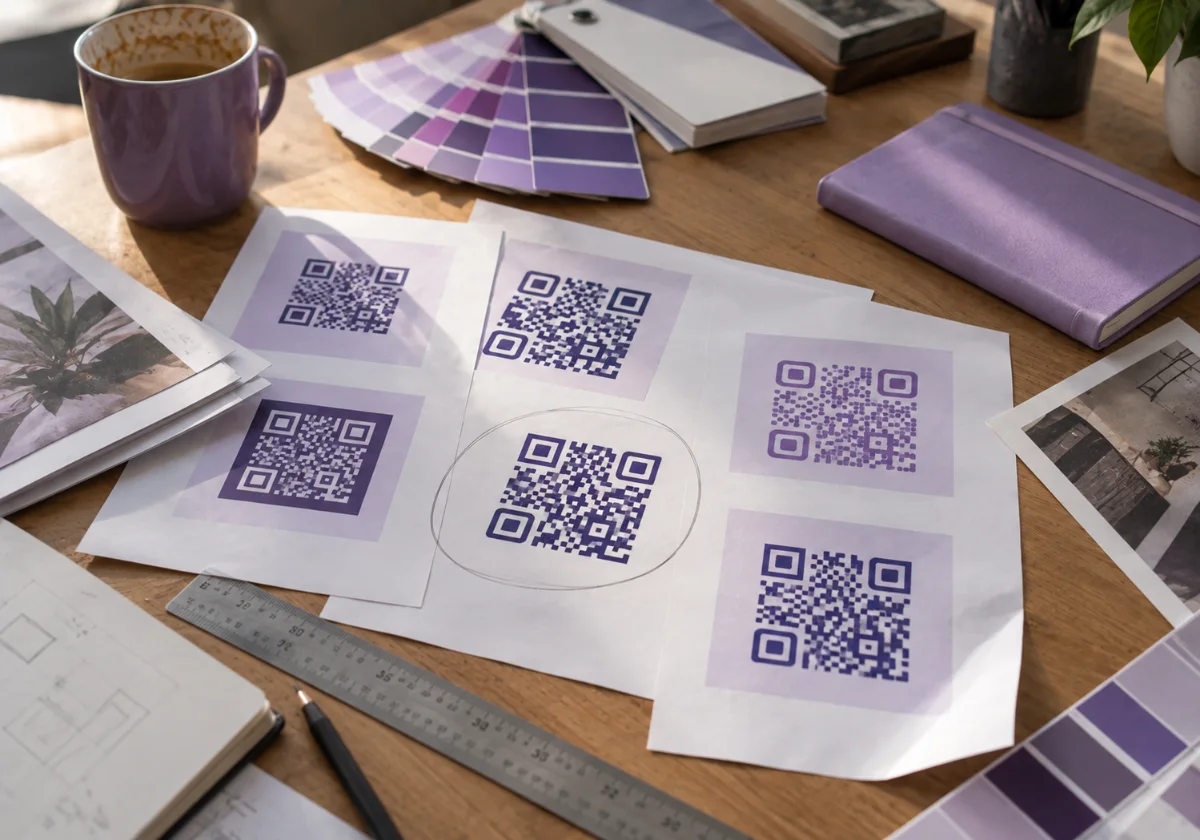 Prove di stampa di QR Code viola accanto a un campionario di colori