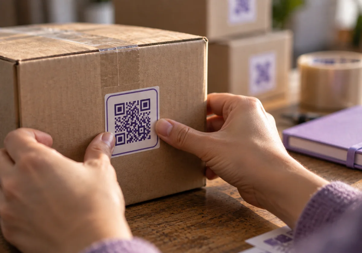 Mani che applicano un adesivo con QR Code su una scatola di cartone
