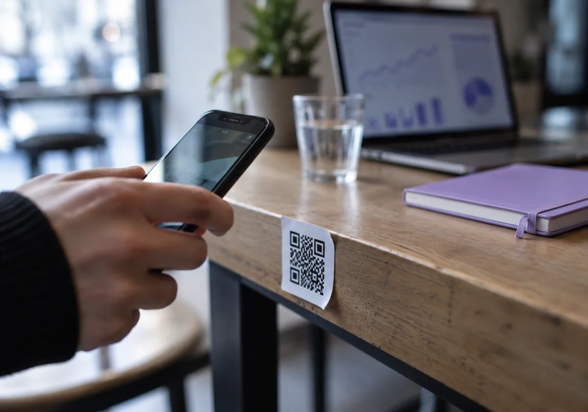 Mano che inquadra con lo smartphone un adesivo QR Code sul bordo di un tavolo