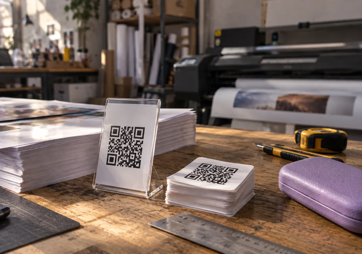 Espositore con QR Code accanto a una risma di stampe in un laboratorio di stampa
