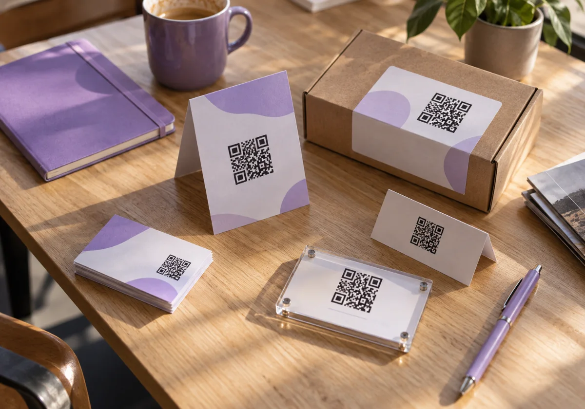 Biglietti, scatola e targhetta con QR Code su una scrivania