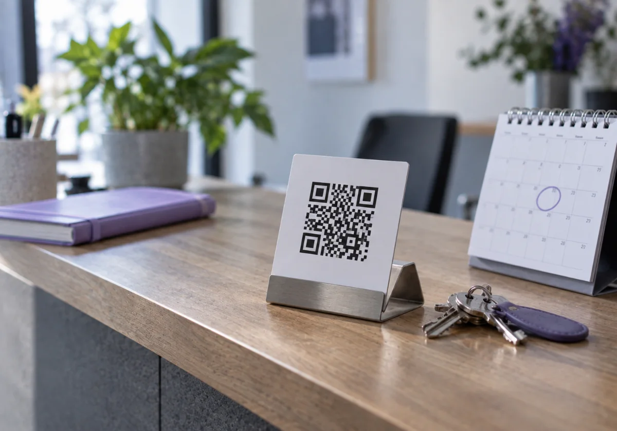 Espositore con QR Code accanto a un calendario da tavolo e a un mazzo di chiavi