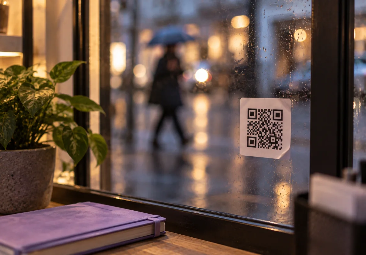 Adesivo con QR Code su una vetrina bagnata di pioggia